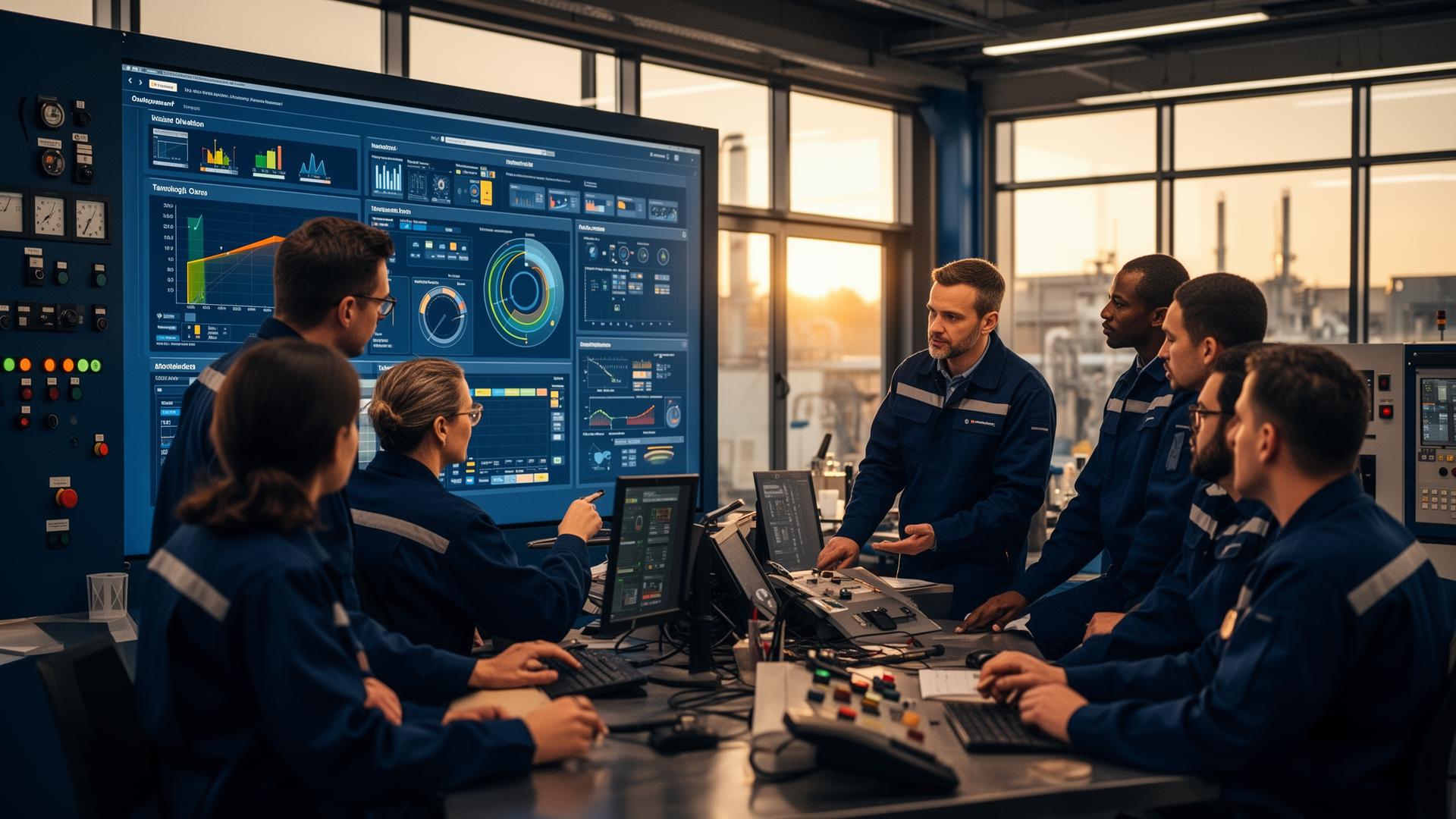 Equipo de ingenieros de XRM Corp colaborando frente a un dashboard operativo