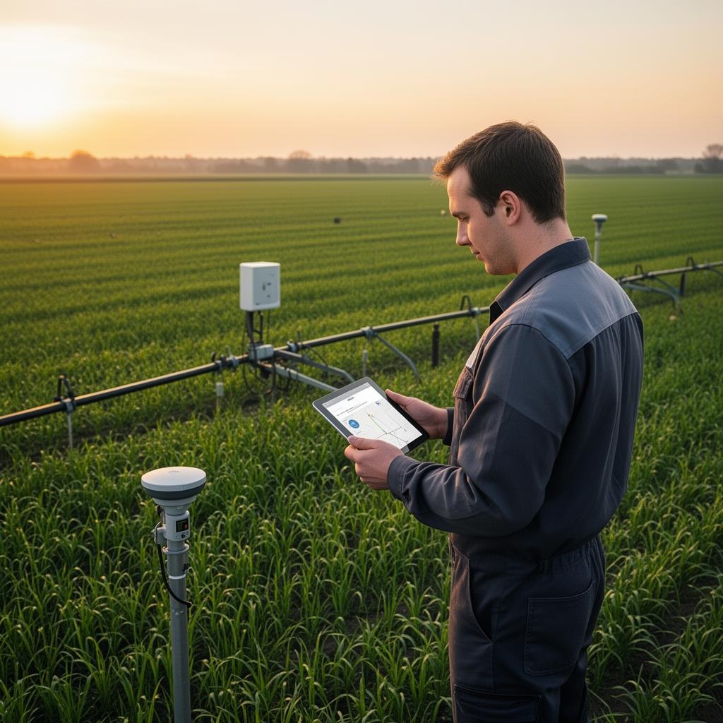 Ingeniero agrónomo monitoreando un cultivo con tablet y sensores al amanecer
