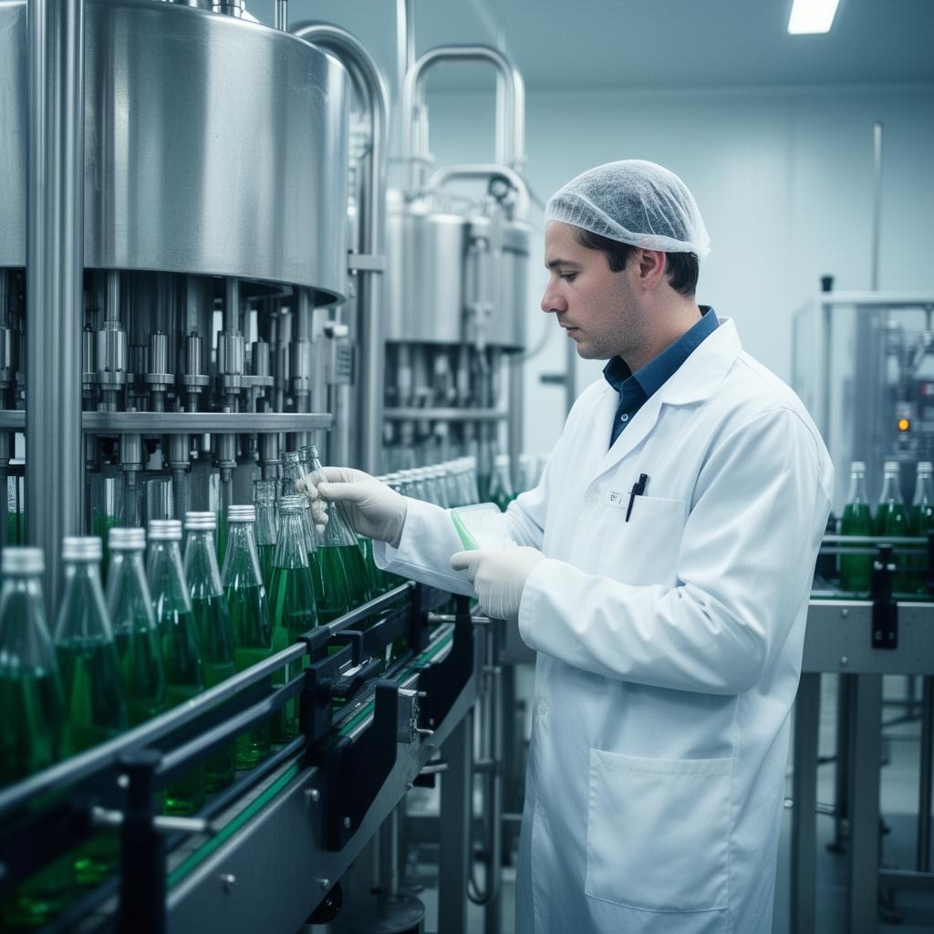 Técnico de control de calidad inspeccionando una línea de embotellado