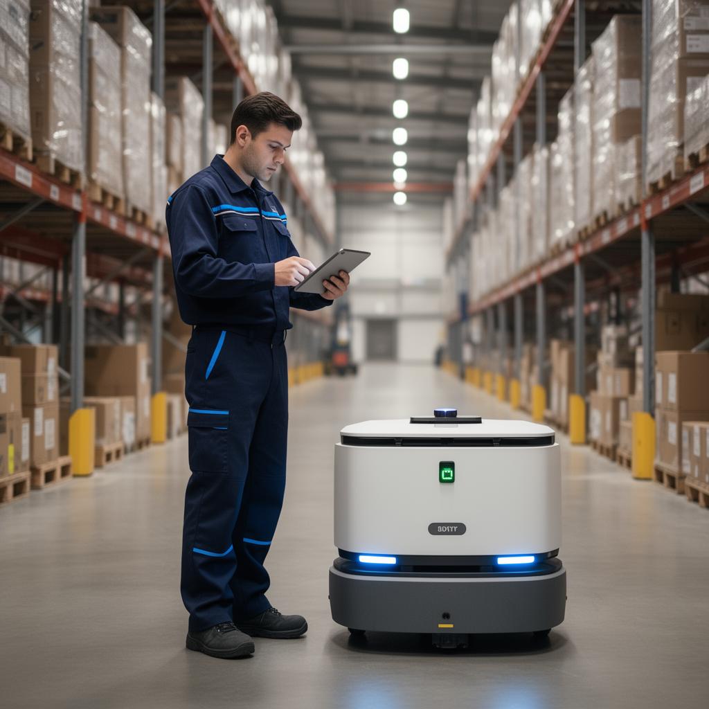 Operario logístico junto a un robot autónomo en un centro de distribución moderno