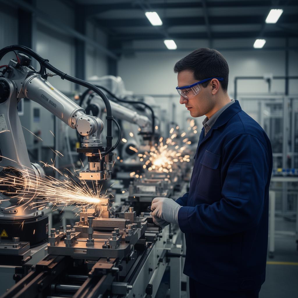 Operario supervisando una línea de producción robotizada en una planta industrial