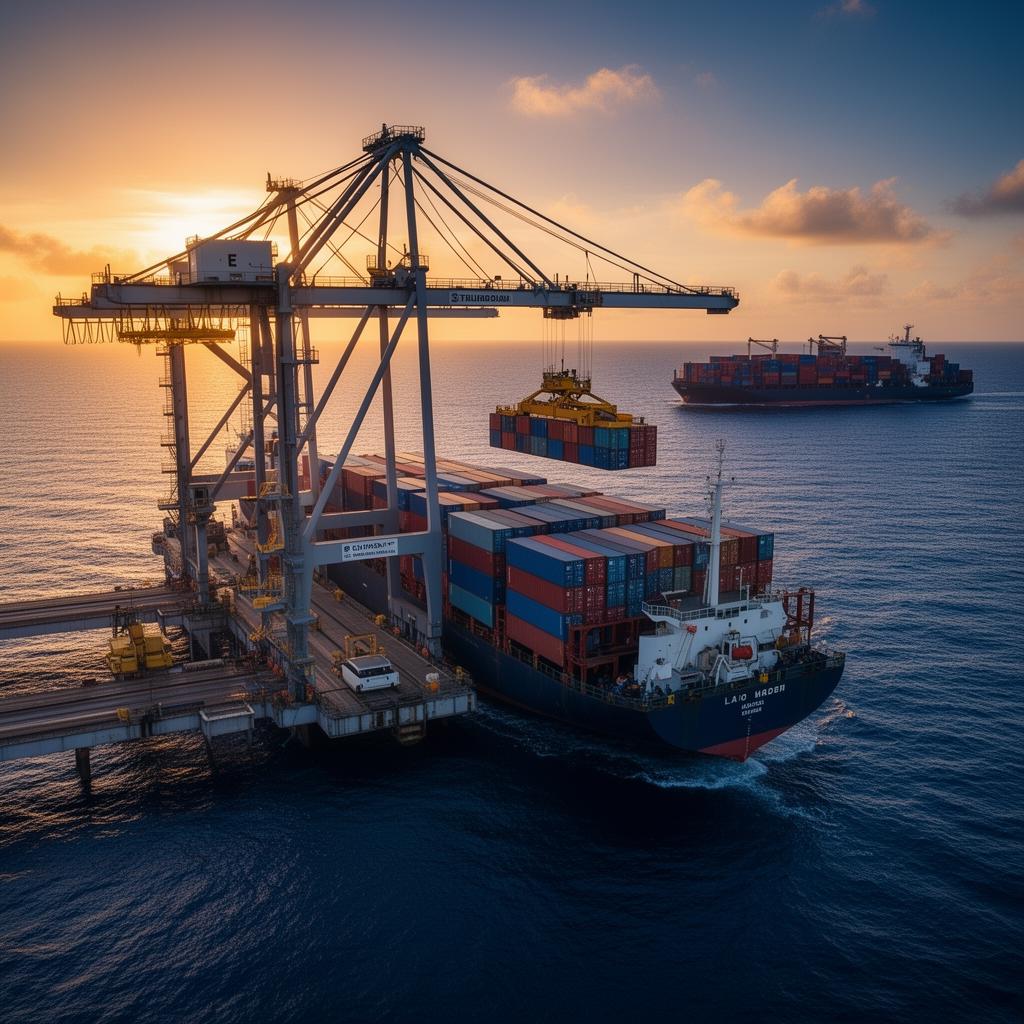 Grúa portuaria cargando contenedores al atardecer en un puerto internacional