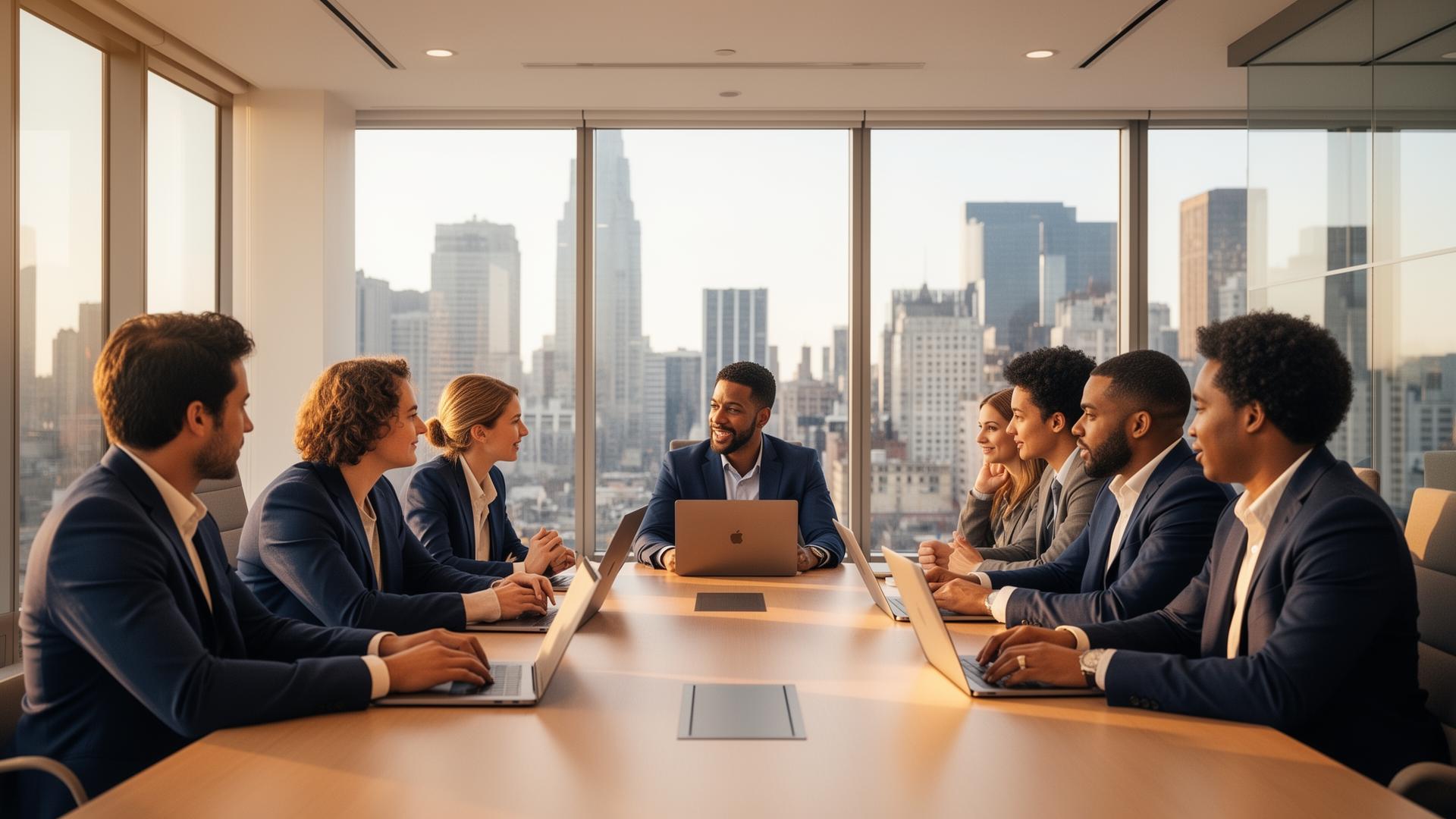 Equipo diverso de XRM Corp colaborando en una sala de reuniones con vista a la ciudad